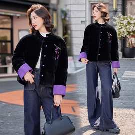 水衣源2801A款丝绒料新中式短款拼色立领加厚保暖气质羽绒服女