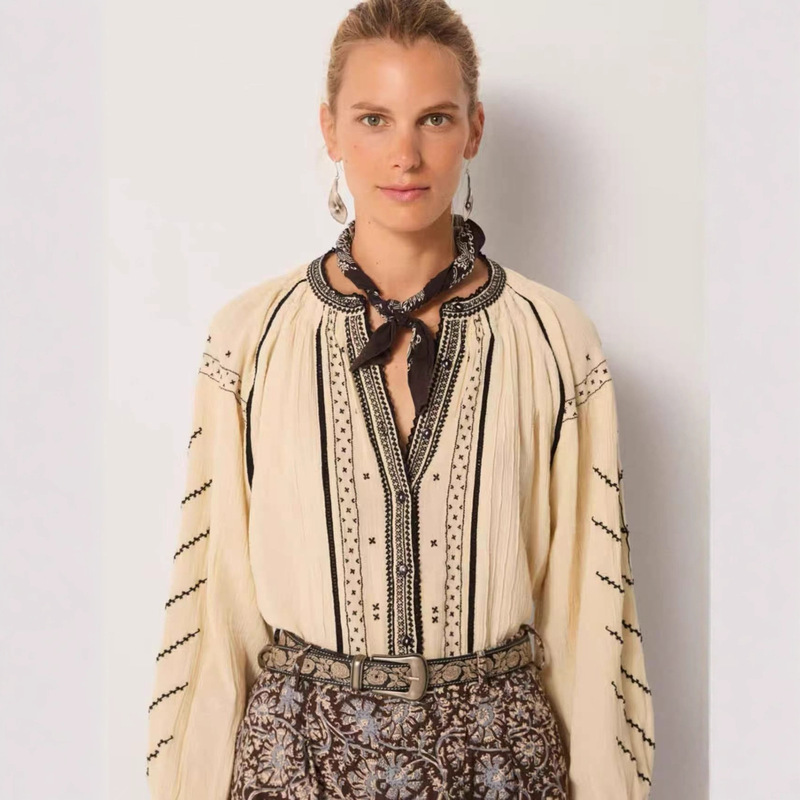 Nanyou High Version Wholesale French Retro Ethnic Style Embroidered Round Neck Long-Sleeved Shirt Front Button Loose Top for Women Nanyou High Version Wholesale French Retro Ethnic Style Embroidered Round Neck Long-Sleeved Shirt Front Button Loose Top for Women