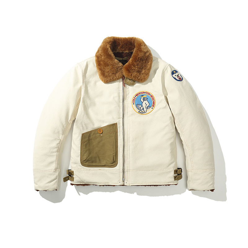 Men's Vintage American Style Pilot Jacket with White Bear Pattern, Thickened Winter Cotton Coat