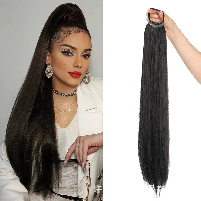 Foreign trade cross-border wig 24-inch long straight ponytail synthetic heat-resistant hair piece hair ring Women's ponytail wholesale