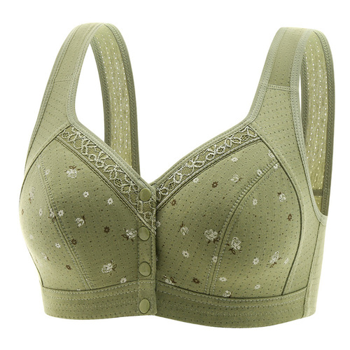 Summer and Autumn Plus Size Medium-Aged Women's Cotton Bra with No Wire, Front-Closure Lace Edge Printed Backless Tank Top