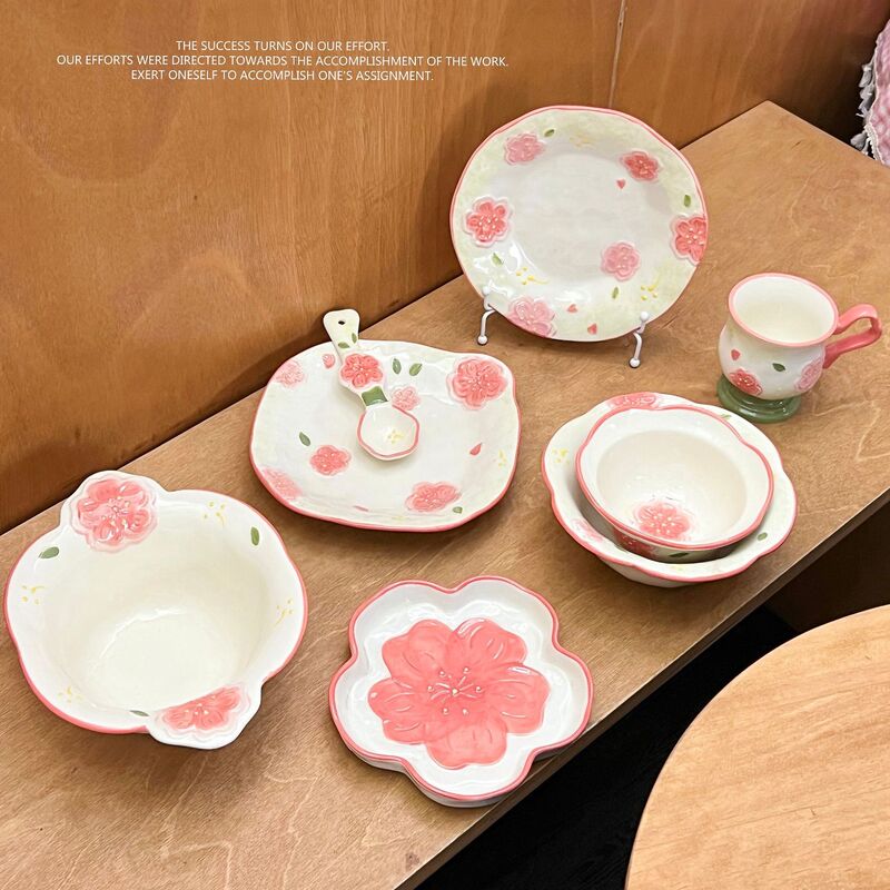 Sakura Blossom Ceramic Bowl and Plate Set, Hand-painted Underglaze Design, High Temperature Resistant, Microwave Safe, Household Dinnerware Sakura Blossom Ceramic Bowl and Plate Set, Hand-painted Underglaze Design, High Temperature Resistant, Microwave Safe, Household Dinnerware
