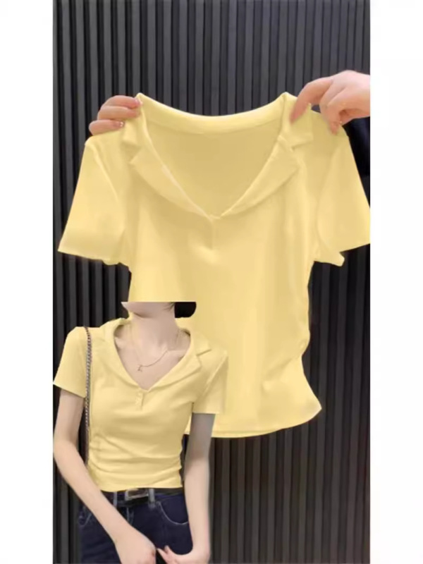 乳白色のポロシャツ半袖新作トップス レディース Vネック スリムフィット ウエストシェイプ 半袖 襟付き フォーマルショルダーTシャツ ショート丈|undefined