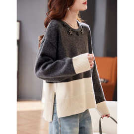 圆领手工钉钻拼接厚毛衣秋冬洋气撞色宽松慵懒百搭针织上衣