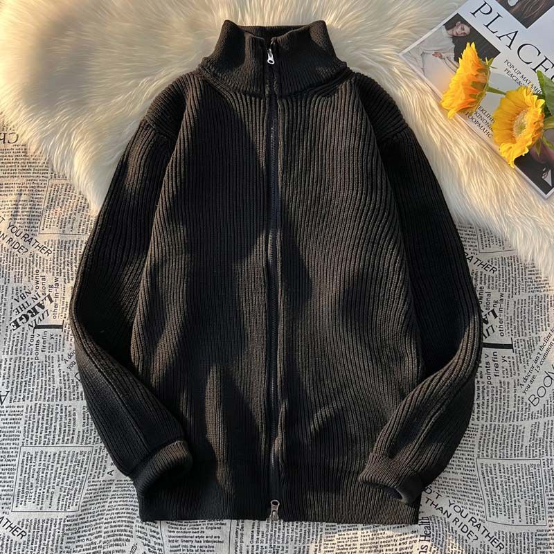 Korean style solid color thickened double zipper knitted cardigan men's and women's design loose couple's outer wear stand collar warm sweater