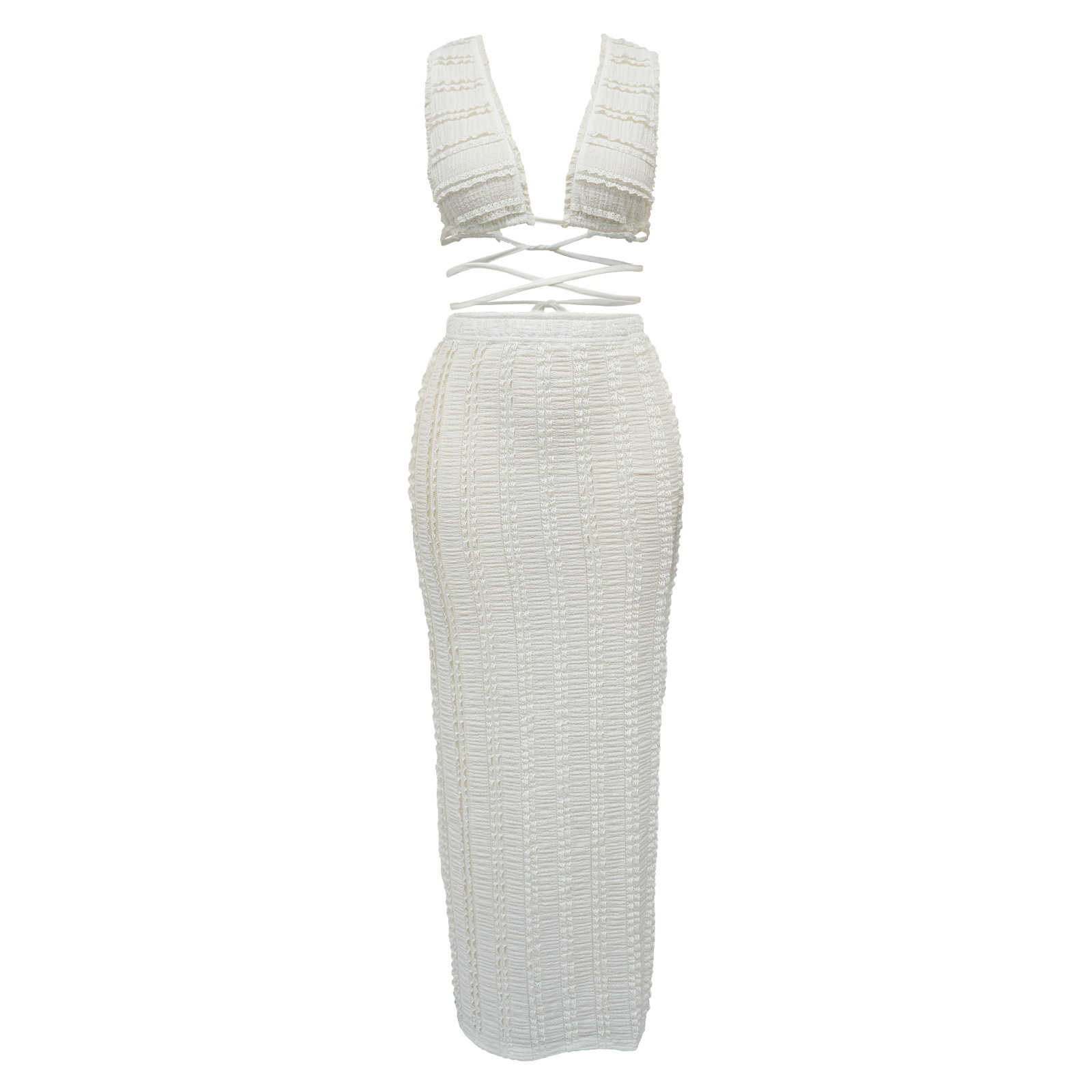Completo da donna in denim con pizzo, senza maniche e schiena scoperta_voghion.com