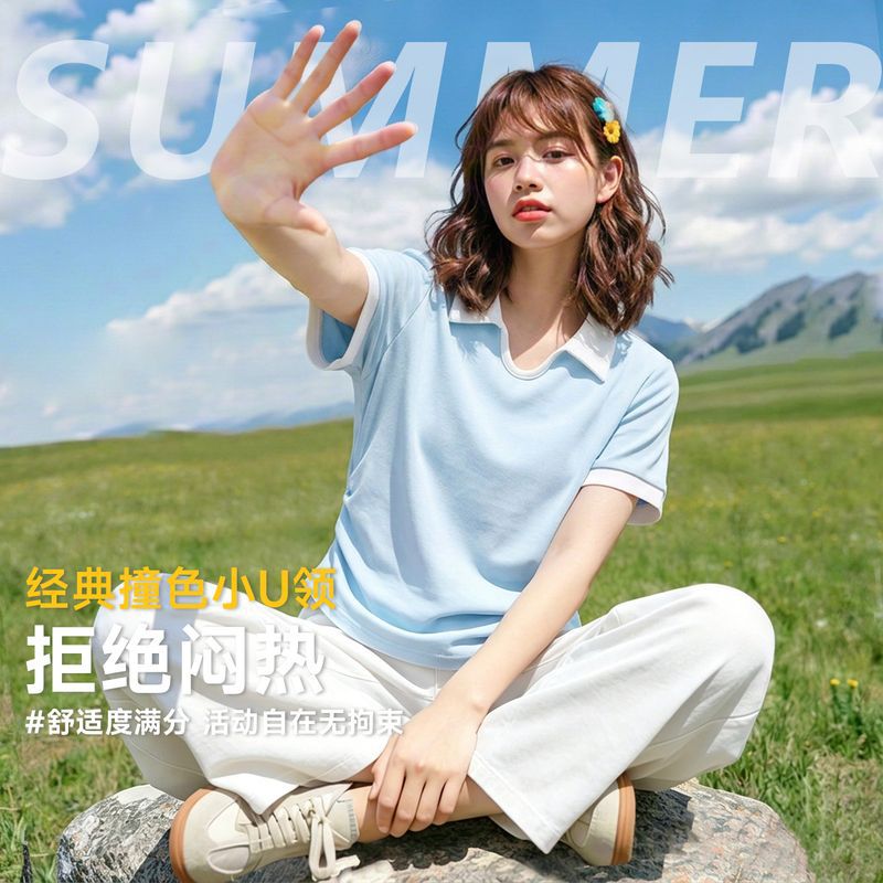 Women's color-blocked faux two-piece U-neck polo shirt, summer retro simple mature casual short-sleeved T-shirt
