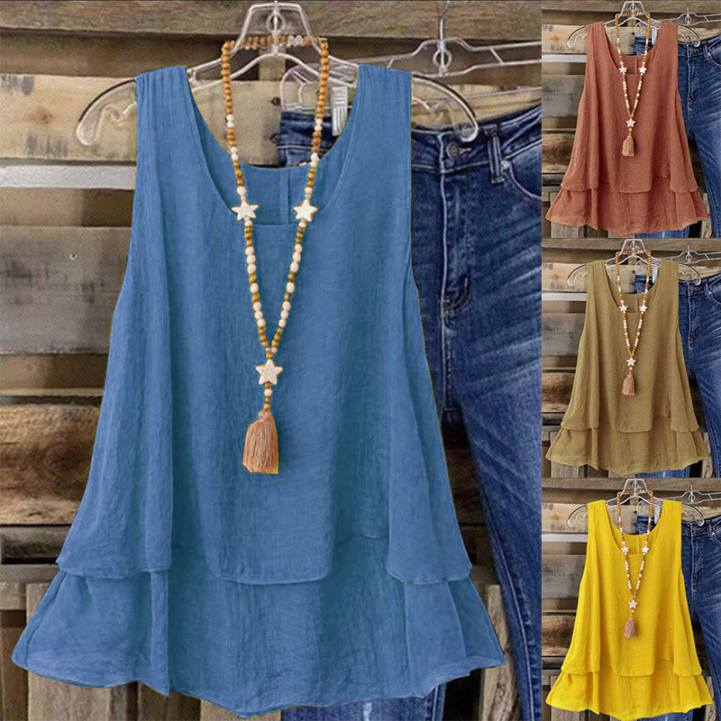 2026 European and American Temu Cross-Border Wish Foreign Trade Women's Clothing Summer New Solid Color Casual Sleeveless U-Neck Fake Two-Layer T-Shirt