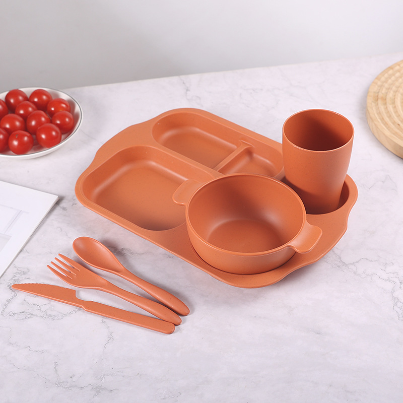 Plato de comedor para niños 24 piezas set de paja de trigo jardín de infantes anti-caída taza de plato de comedor cuchillo y tenedor cuchara set