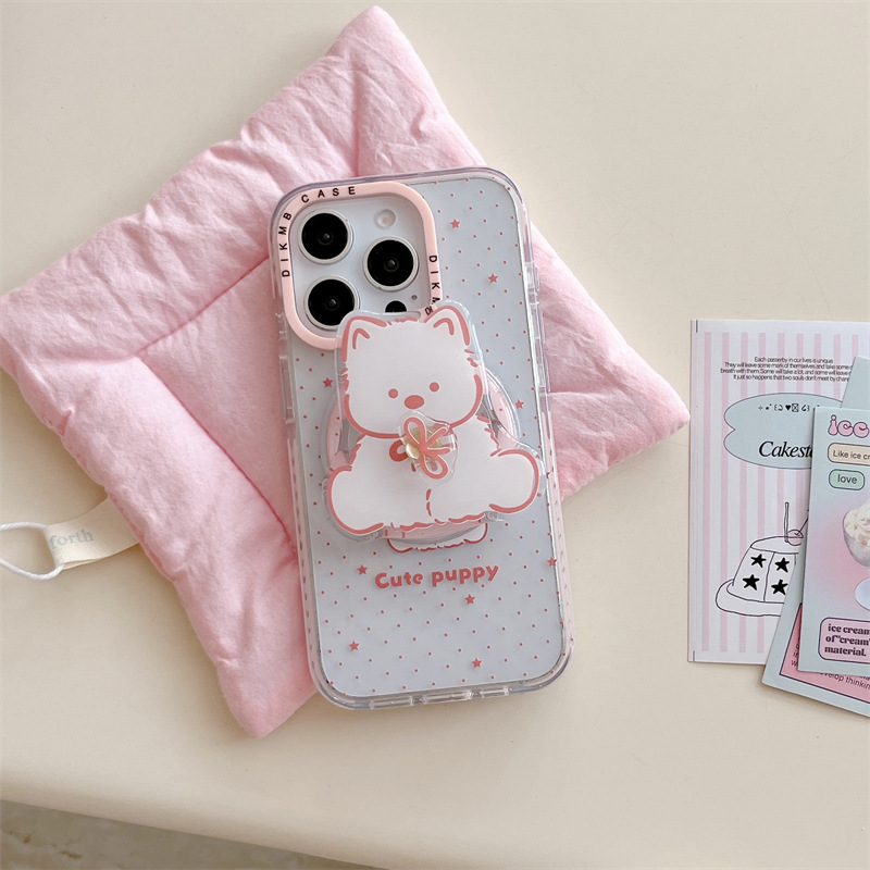 Oso de lazo de dibujos animados de lunares rosa para Apple 16ProMax funda para teléfono móvil 15Pro magnético 14/13 hembra