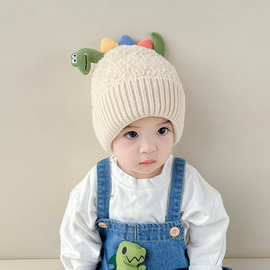 宝宝帽子冬季卡通恐龙造型针织帽男童女童秋冬毛绒加厚婴儿毛线帽