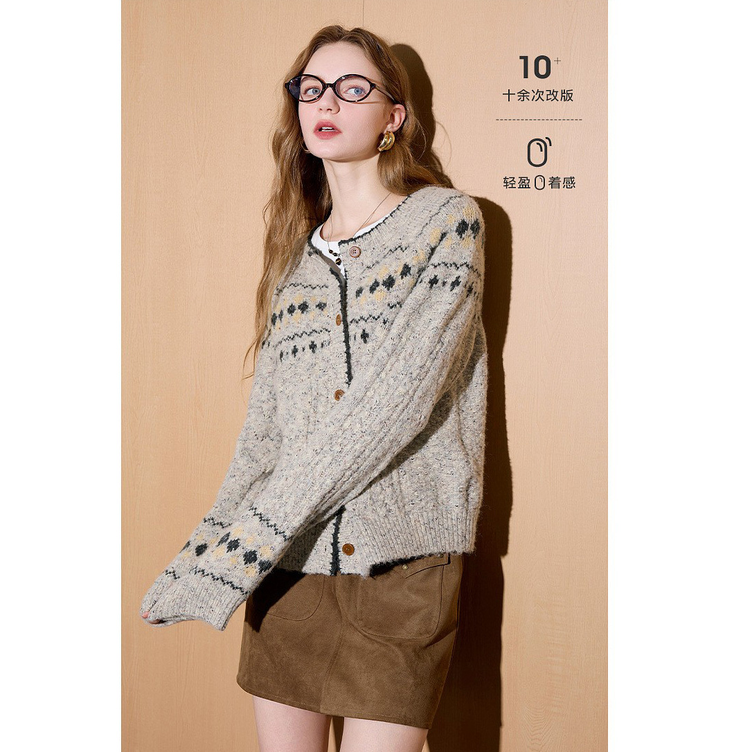 Cream Knitwear 2025 Winter New Merino Wool Fair Isle Cardigan Jacket Women m