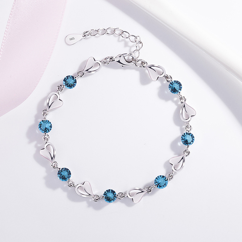 Korean-style Silver Plated Mori Artistic Heart of Ocean Blue Crystal Heart Bracelet Female Zircon Love Bracelet Simple Jewelry
