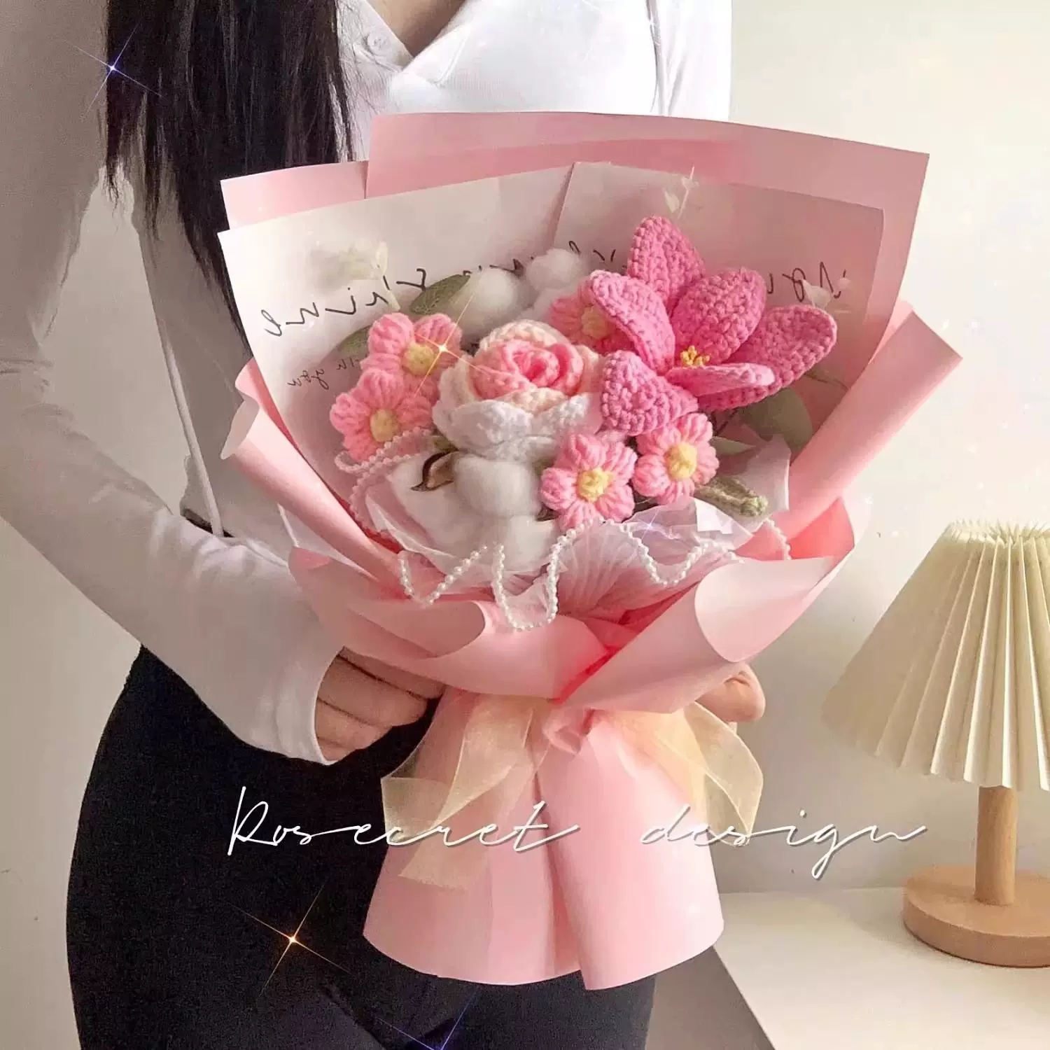 七夕玫瑰郁金香毛线针织花束编织花成品生日礼物送女友老师情人节