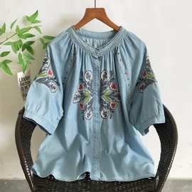 复古圆领刺绣牛仔短袖衬衫女夏季新款大码宽松文艺百搭上衣