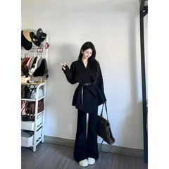 套装女2025早春新款韩系高级感气质翻领宽松毛衣外套高腰休闲长裤