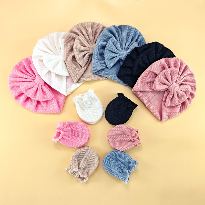 Foreign Trade New Newborn Fetal Cap and Anti-Scratch Glove Set Cross-Border Baby Hat Baby Bow Hat Gloves