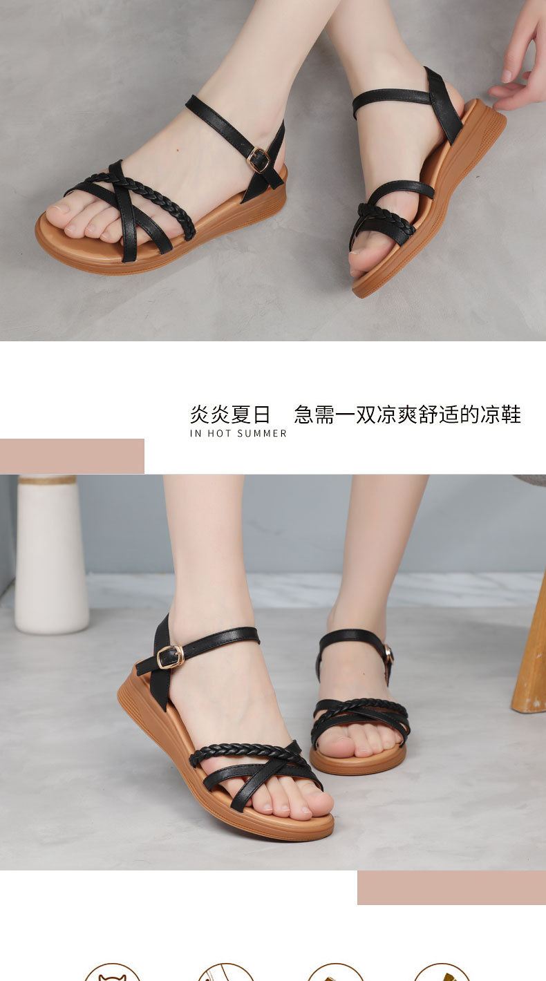 Xăng đan nữ quai ngang đế bằng da thật mùa hè — Màu đen chi tiết 13