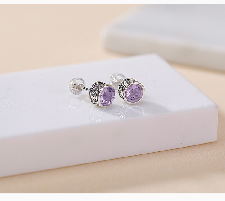Bông tai bạc S925 đính đá thạch anh tím citrine mặt cắt hình tròn — Kiểu pha lê vàng chi tiết 4