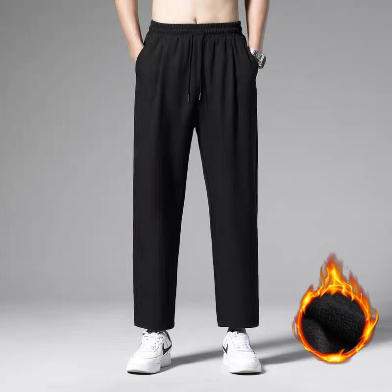 Autumn and Winter fleece-lined Thickened Working Sports Pants Straight Casual Pants Men's Solid Color Loose Elastic Working Long Pants