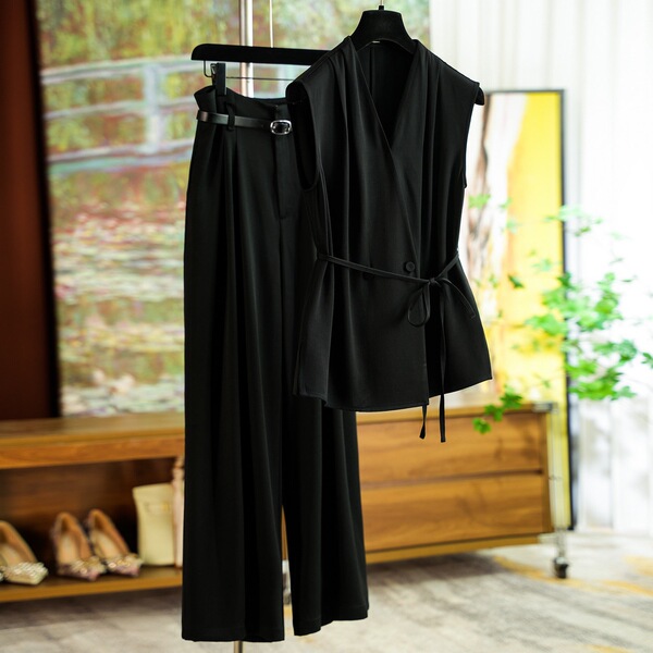 Customer-Supplied Yarn V-Neck Commuter Suit Pants for Women Summer 0403