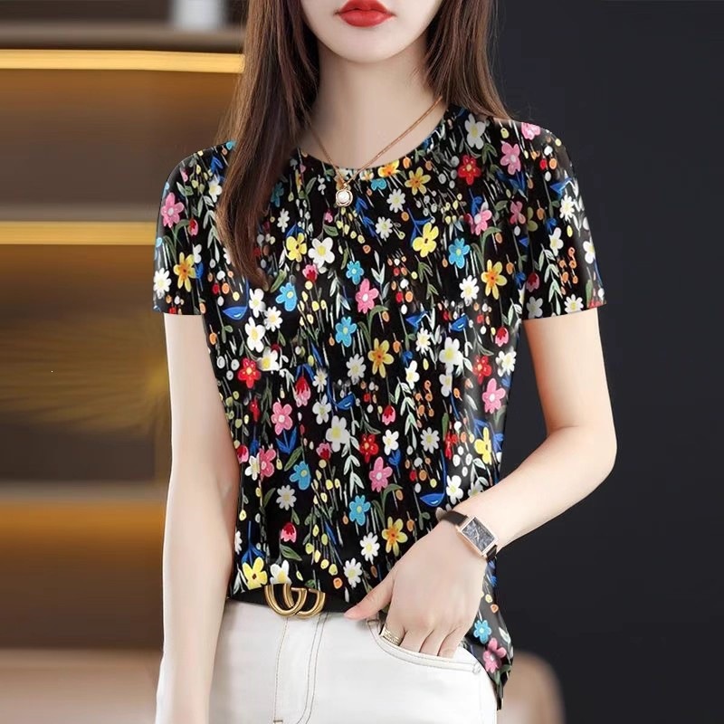 Premium Short-Sleeve T-Shirt for Women, Summer New Design, Plus-Size, Stylish, Age-Reducing, Figure-Flattering, Floral Print, Trendy Ins Style