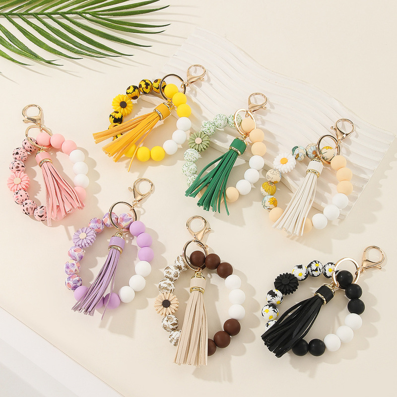 Amazon's Popular Cross-Border Creative Silicone Bead Bracelet Tassel Wooden Bead Wrist Keychain Bag Pendant Keychain