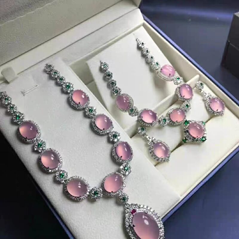 Light Luxury Ice Pink Oval Bead Four-Piece Set: Necklace, Earrings, Ring, Bracelet, Diamond-Encrusted Evening Dress Elegant Jewelry Set Light Luxury Ice Pink Oval Bead Four-Piece Set: Necklace, Earrings, Ring, Bracelet, Diamond-Encrusted Evening Dress Elegant Jewelry Set