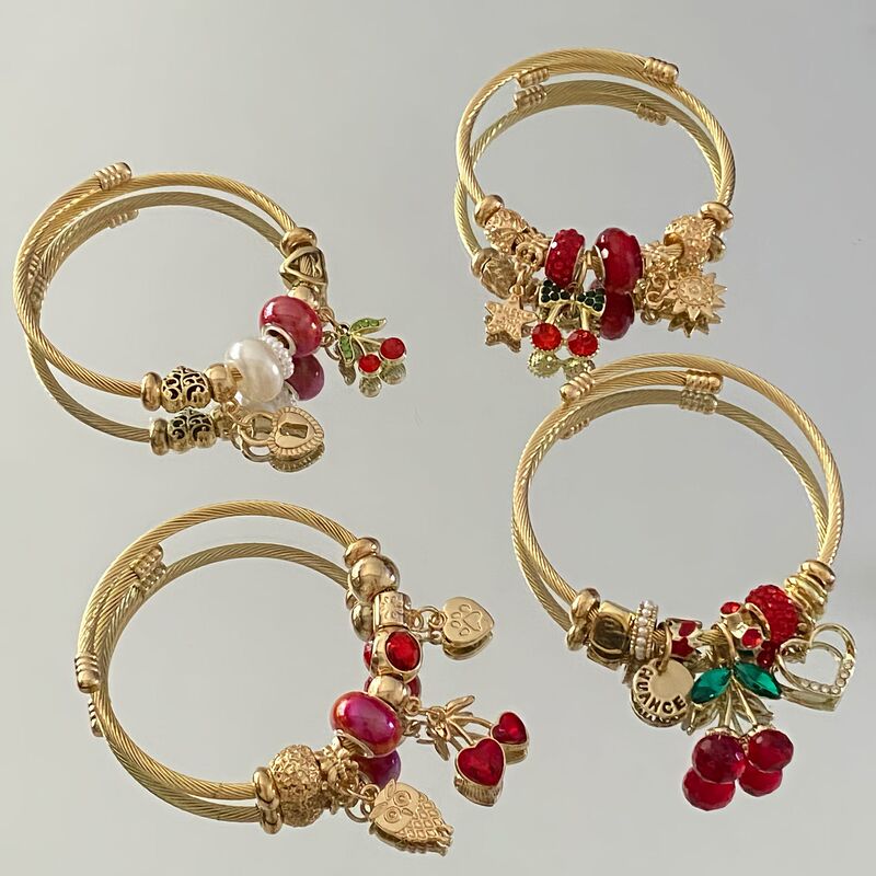 Pan's New Stainless Steel Beaded Adjustable Bracelet with Strawberry and Cherry Pendants, Fairy Personality Versatile Friendship Bracelet