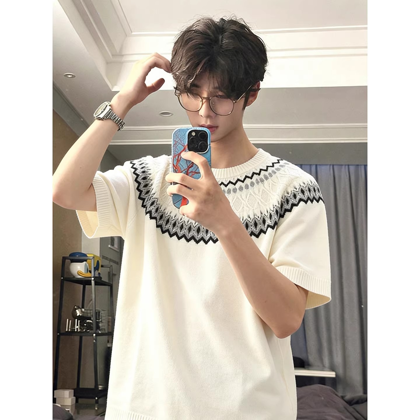 Isla de Fair camiseta de punto de manga corta camiseta de cuello redondo jacquard hombre viejo estilo casual hielo de verano fábrica transfronteriza mayorista