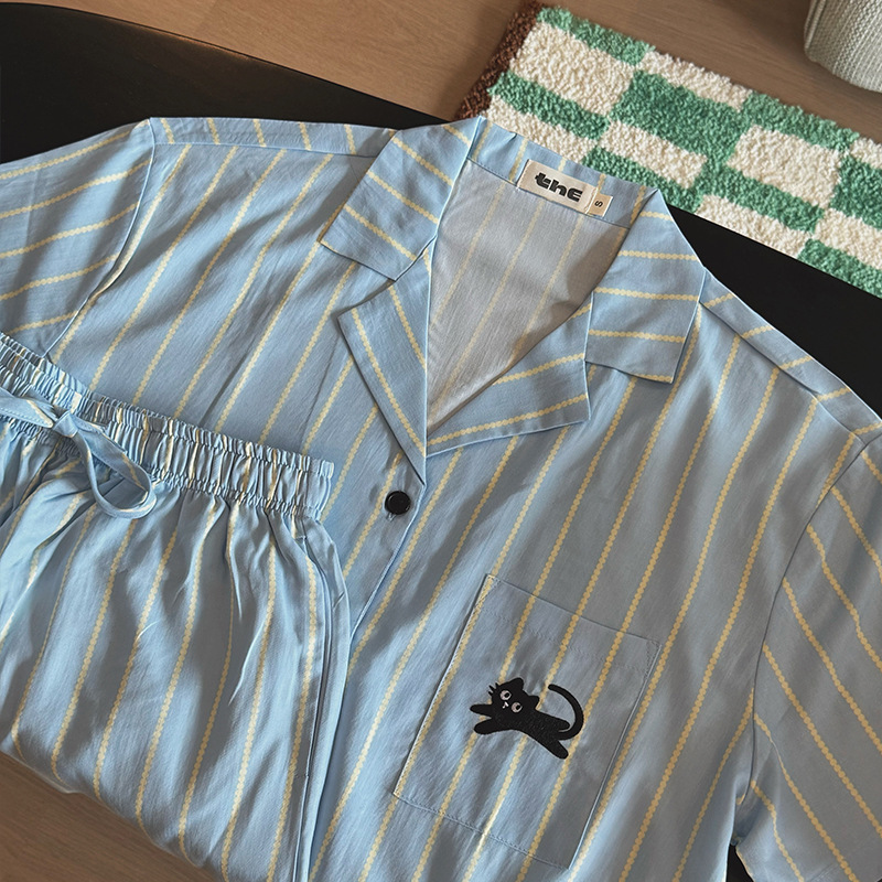 Yejia 同じスタイル 2025 ブルーストライプテンセルパジャマカップル夏半袖ショーツスーツ長袖ズボンホーム服|undefined