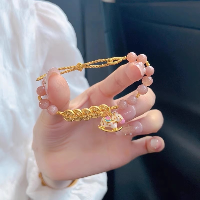 仿黄金五帝钱手绳木马黄水晶塔晶手链女新款手工编绳本命年送女友|undefined