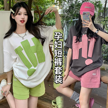 孕妇装美式复古运动套装女夏季短袖短裤夏天一整套大码休闲两件套