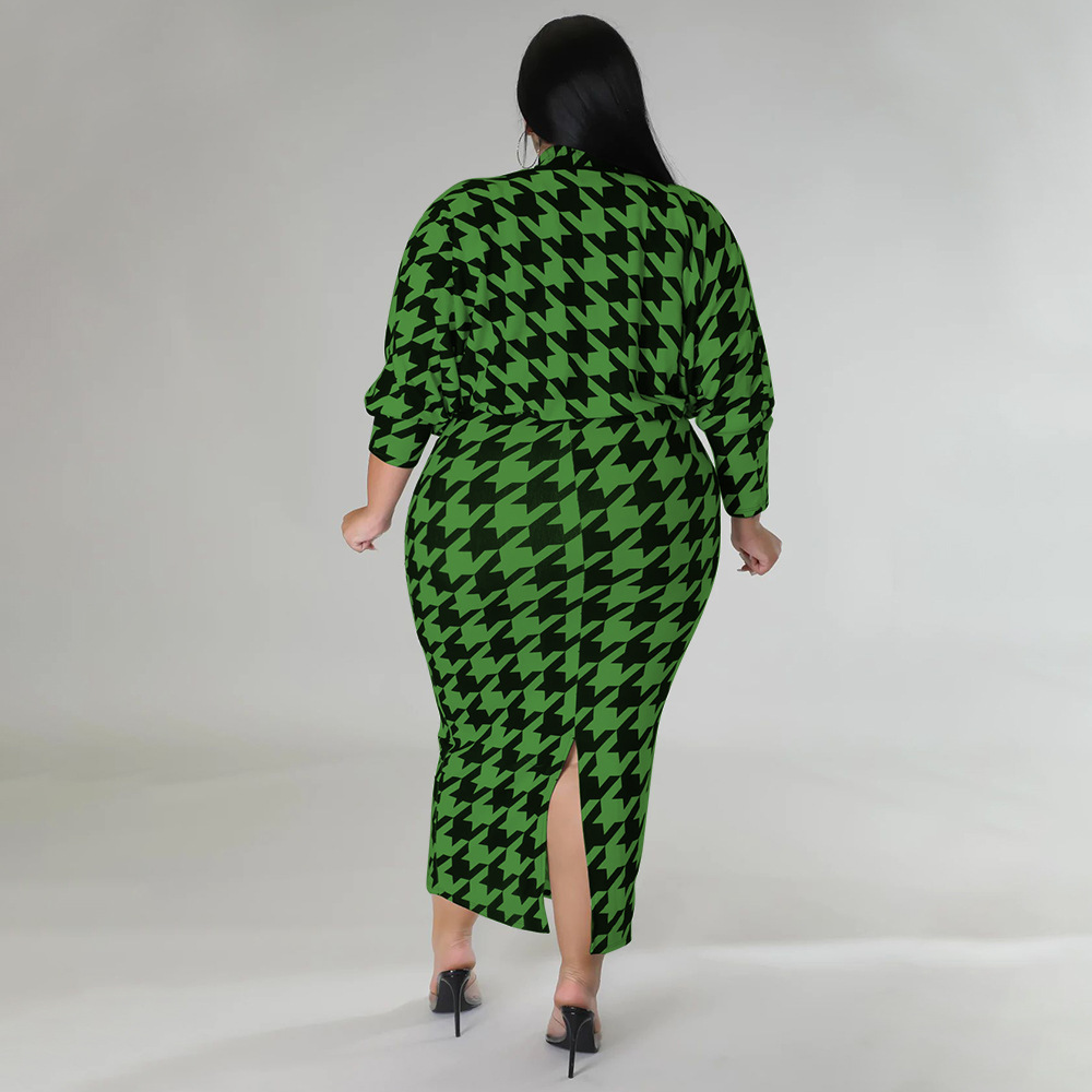 plus size round neck slim slit long skeeve houndstooth print outwear and dresses suit NSLNW136917