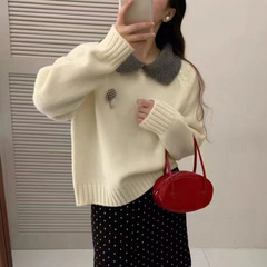 娃娃领蘑菇装饰毛衣女秋冬新款韩系慵懒风纯色百搭针织衫长袖上衣