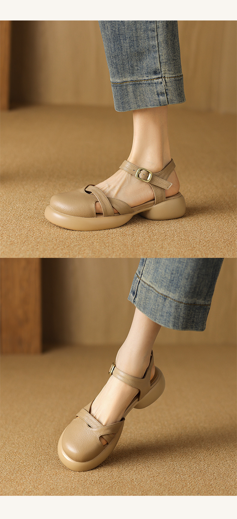 Sandal nữ quai ngang hở lưng mũi tròn đế dày da thấp — Màu trắng be chi tiết 9