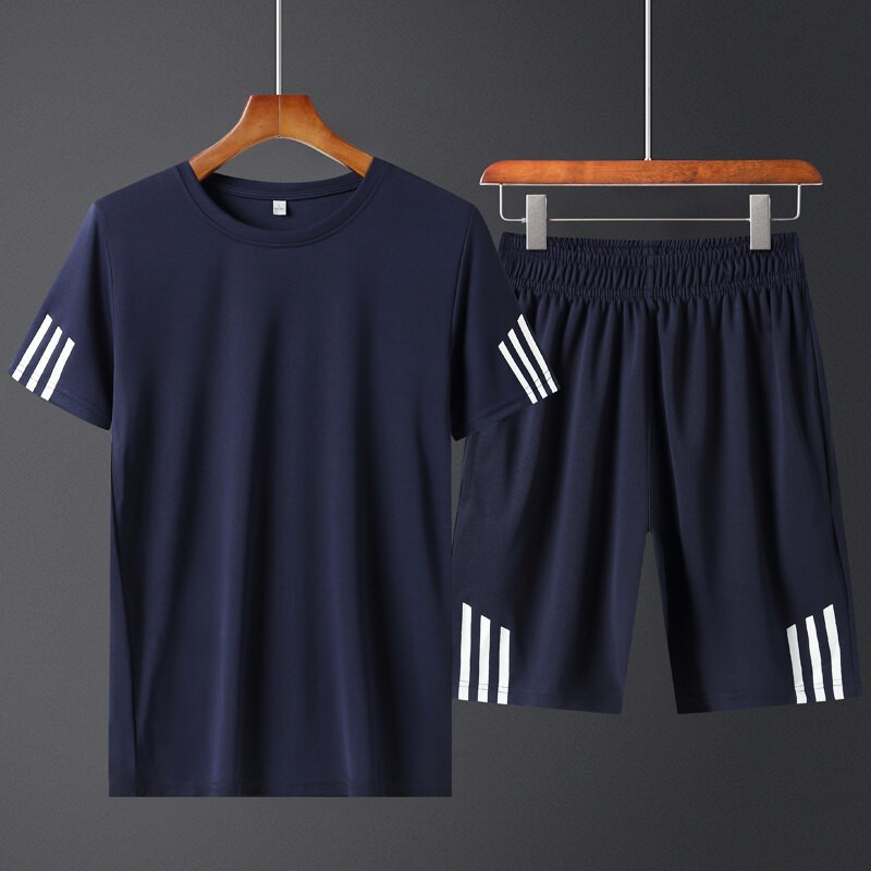 Traje deportivo transfronterizo de verano de secado rápido para hombre, conjunto de pantalón corto y camiseta de manga corta, traje de tres rayas personalizado para comercio exterior, conjunto de dos piezas de talla grande para hombre
