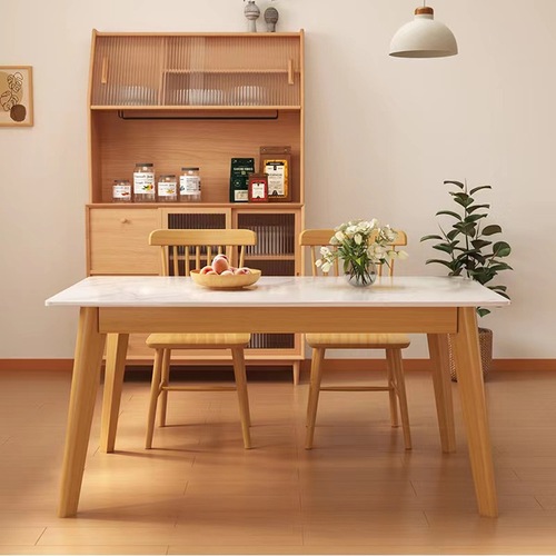 实木岩板餐桌家用小户型现代简约北欧奶油风长方形轻奢餐桌椅组合