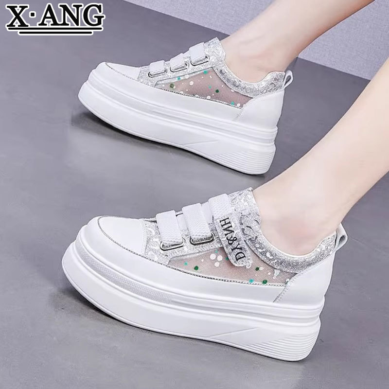 Genuine Leather Inner Height Increasing Women's Shoes 2025 Summer New Velcro White Shoes Women's Mesh Breathable Casual Sports Shoes
