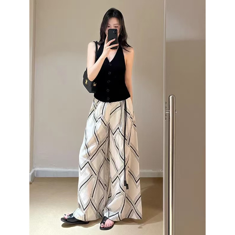 175 Tall Extra Long 180 Old Money Style Pattern Printed Casual Pants for Women Summer Relaxed and Lazy High Waist Wide Leg Pants