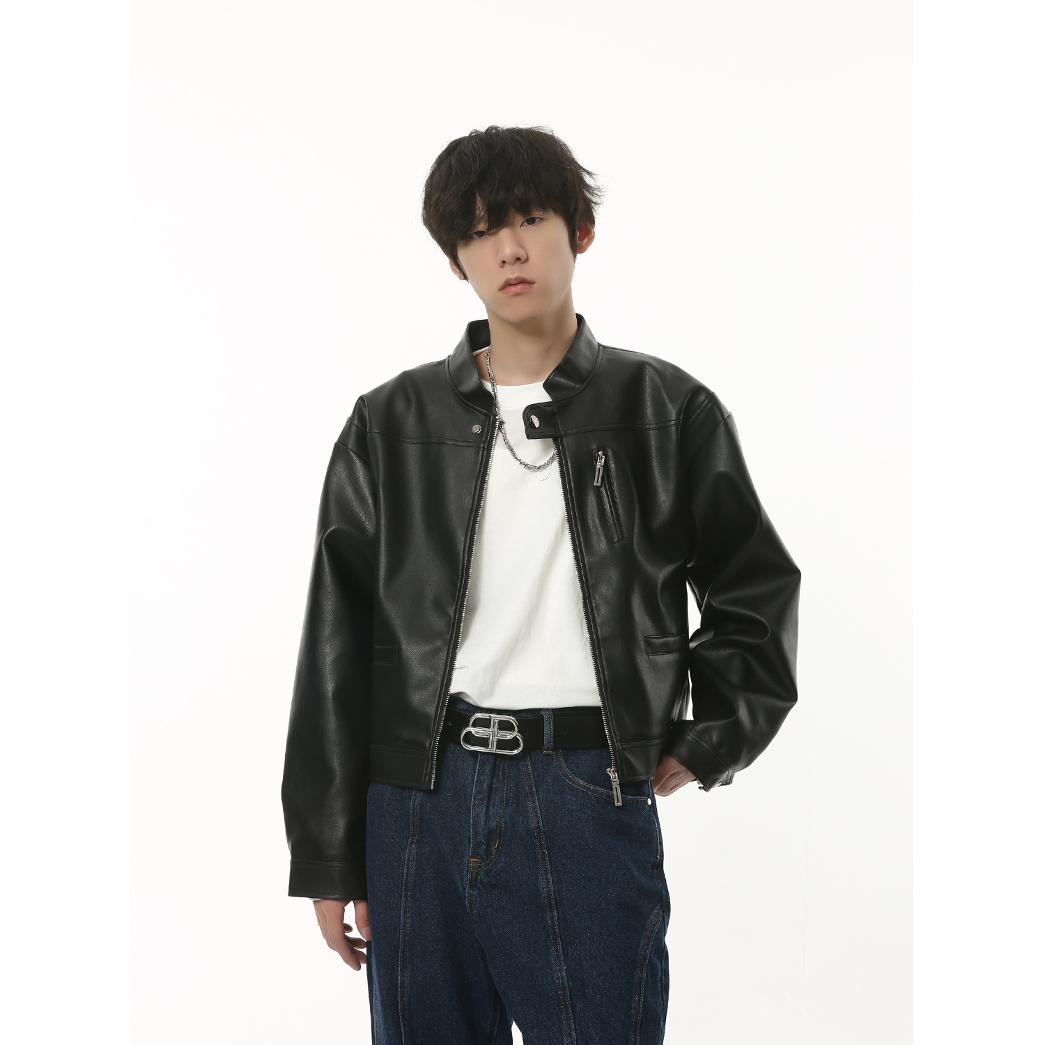 MTLCLOTHESMen's Clothing|Autumn Retro Motorcycle Leather Jacket Black Loose Short Jacket Pu Leathery