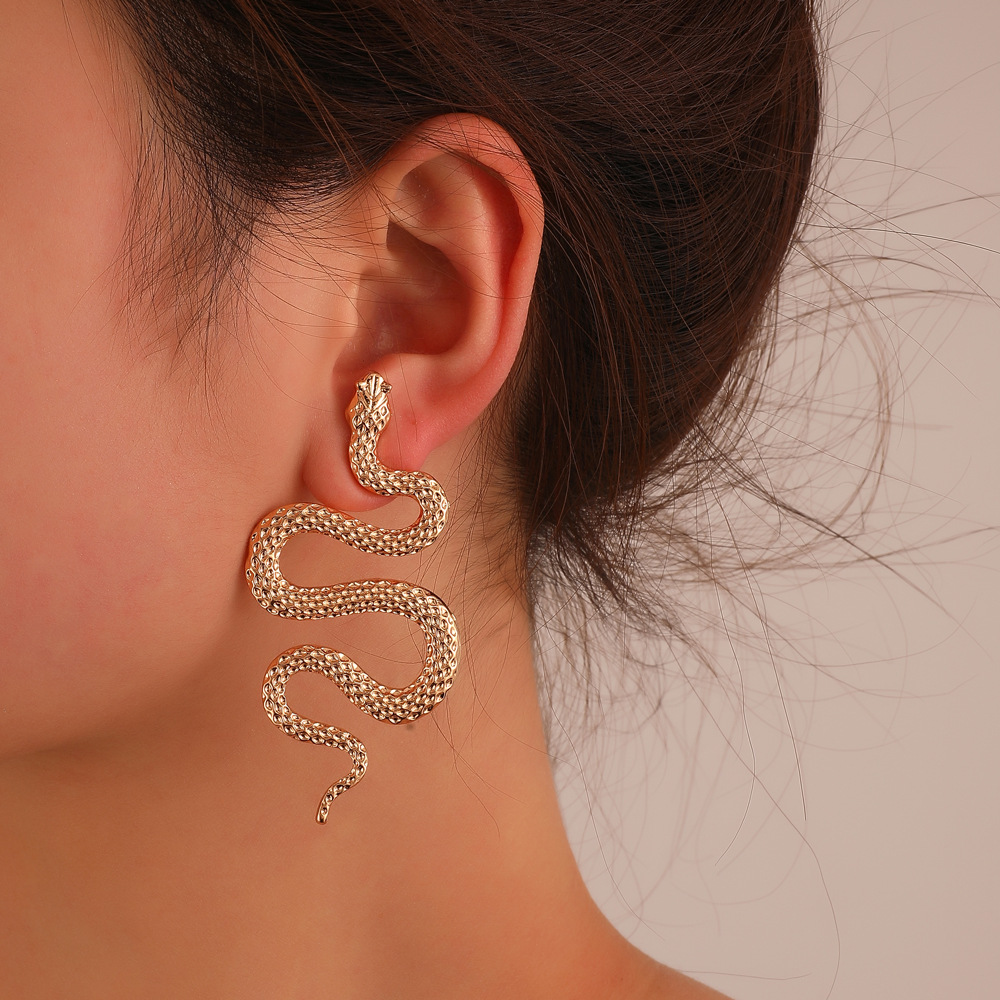 欧美复古夸张立体蛇形耳环 时尚朋克几何合金雕刻动物蛇耳钉耳饰