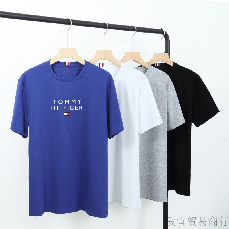 Tommy トミー サマー メンズ ラウンドネック レター Tシャツ 半袖 スリム 刺繍 トップス カジュアル 万能 スポーツ コットン|undefined