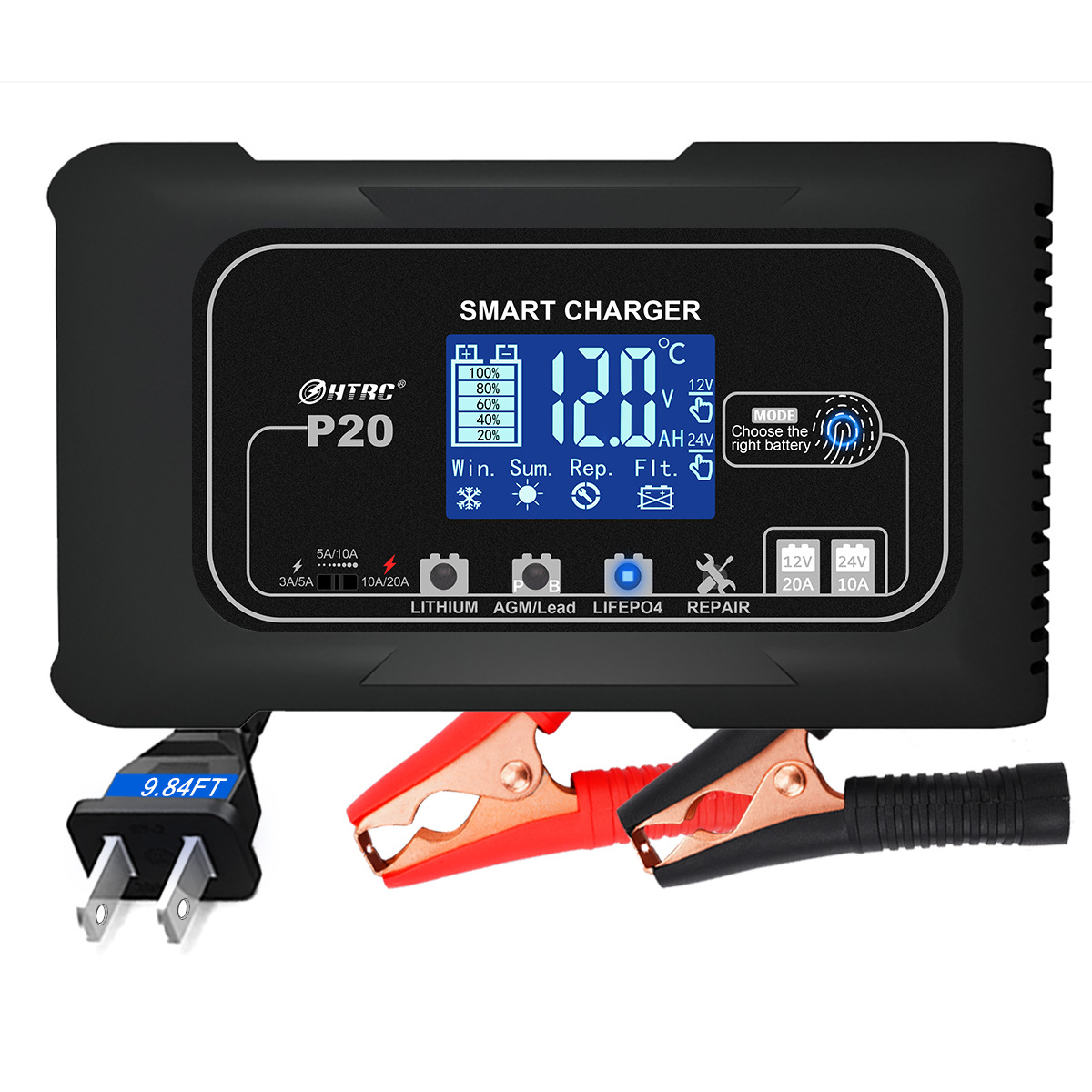 P20自動車オートバイバッテリー充電器12V20A24V10A鉛蓄電池AGM充電器HTRC