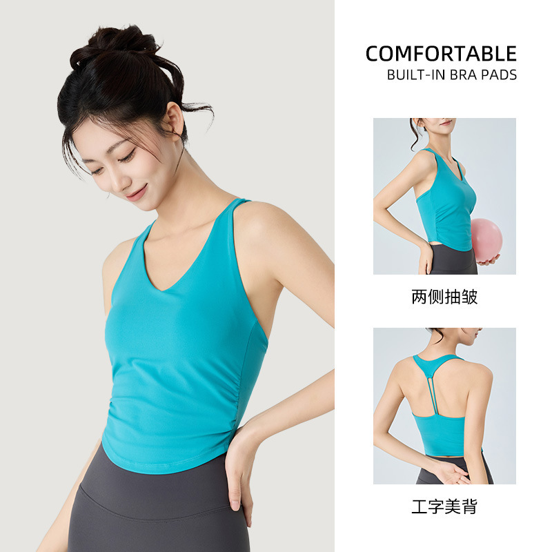 跨境瑜伽服背心上衣女带胸垫镂空美背健身服背心腰部抽褶运动背心|undefined