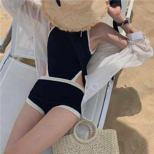 Cross-border wholesale new hot spring backless belly-covering black one-piece fashion conservative student backless swimsuit for women