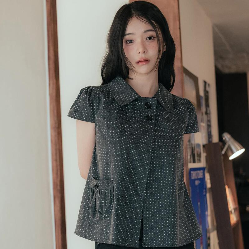 Shipped Now: Korean Niche Designer Style Sweet Japanese-Style Polka Dot Short-Sleeve Shirt with Single Pocket