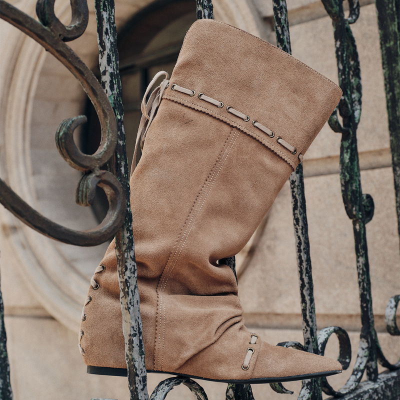 Nomadic Style Knee-High Boots, Two-Way Wear, Pointed Toe, Ruched Stacked Boots, High-Top, Melard Style, Spicy Girl Western Cowboy Boots for Women Nomadic Style Knee-High Boots, Two-Way Wear, Pointed Toe, Ruched Stacked Boots, High-Top, Melard Style, Spicy Girl Western Cowboy Boots for Women