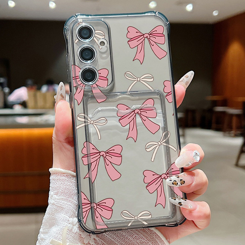 适用iPhone16卡通蝴蝶结手机壳萍果15PRO青花彩绘猫插卡透明壳