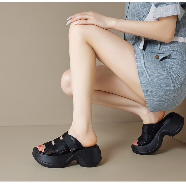 Dép sandal hở mũi nữ đế bệt 7cm tăng chiều cao quai ngang Velcro — đen, Màu trắng sữa chi tiết 8
